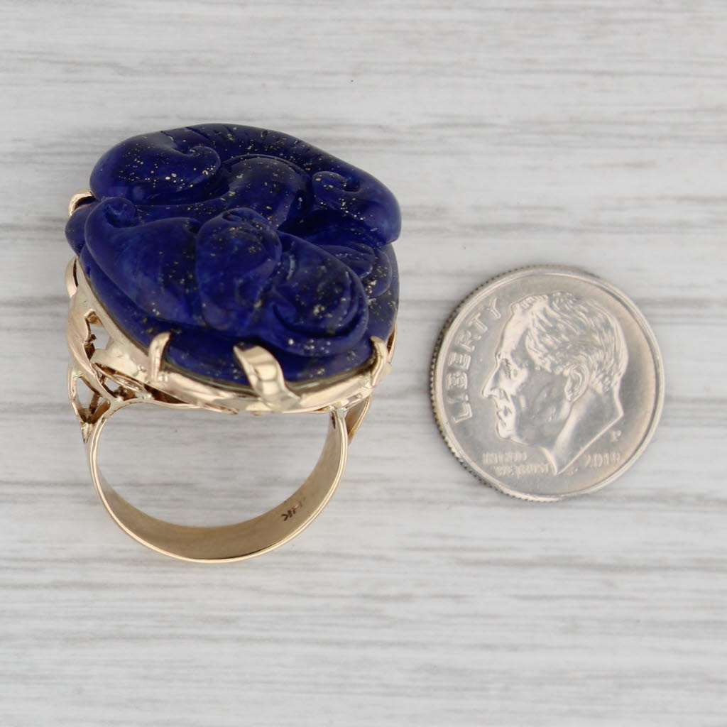 Gray Figural Carved Lapis Lazuli Ring 14k Gold Thai Fire god Asian deity Size 7.5