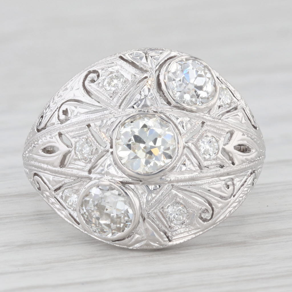 Light Gray Antique 1.66ctw Diamond 3-Stone Ring 18k White Gold Filigree Size 5.5