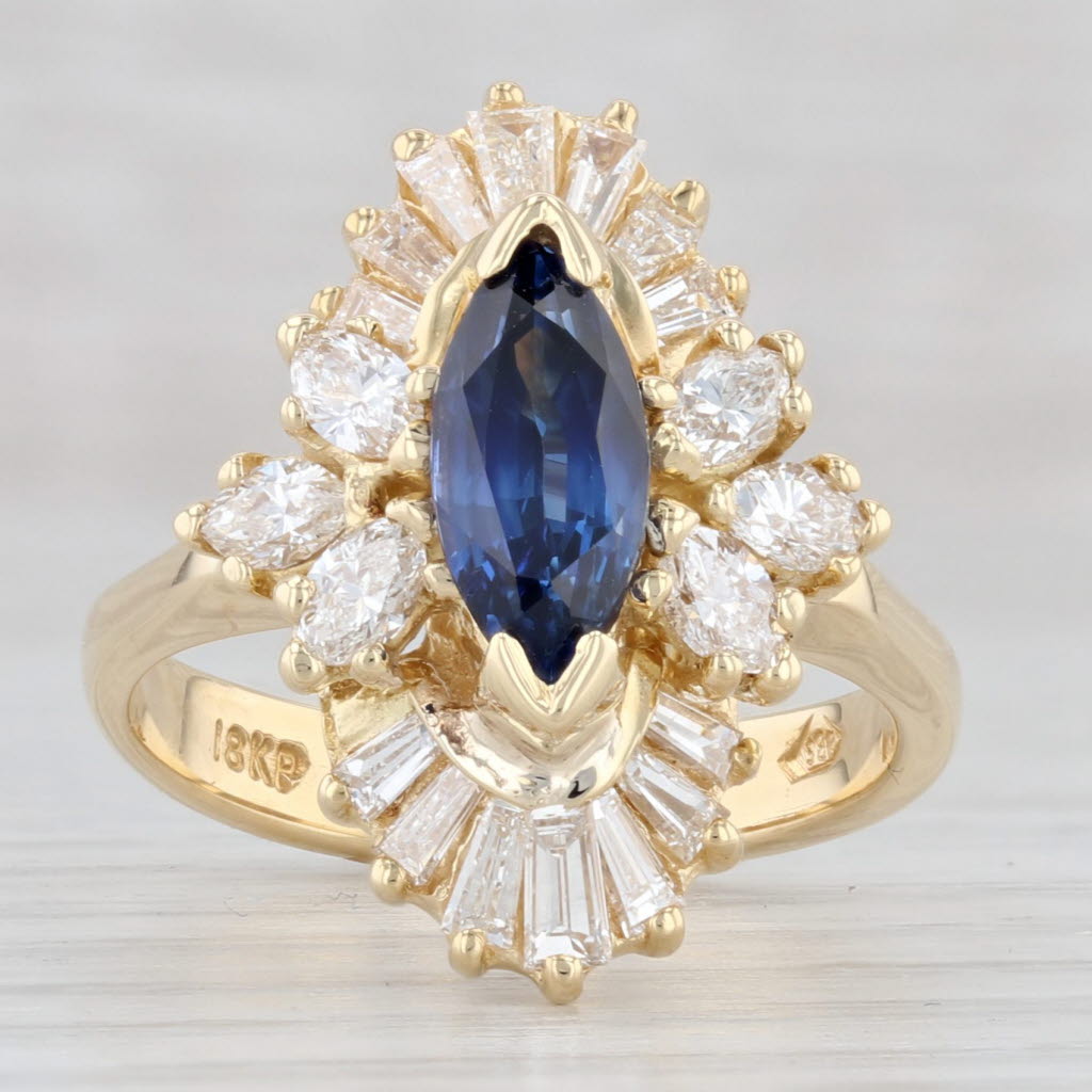 Light Gray 2.45ctw Marquise Blue Sapphire Diamond Halo Ring 18k Yellow Gold Size 5.75