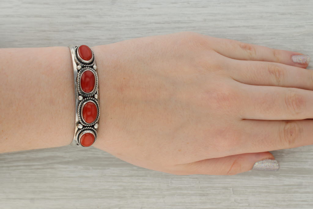 Offers Vintage Native American Sterling Silver and Red Coral Turtle 6 1/2 Inch Open Cuff Bracelet.