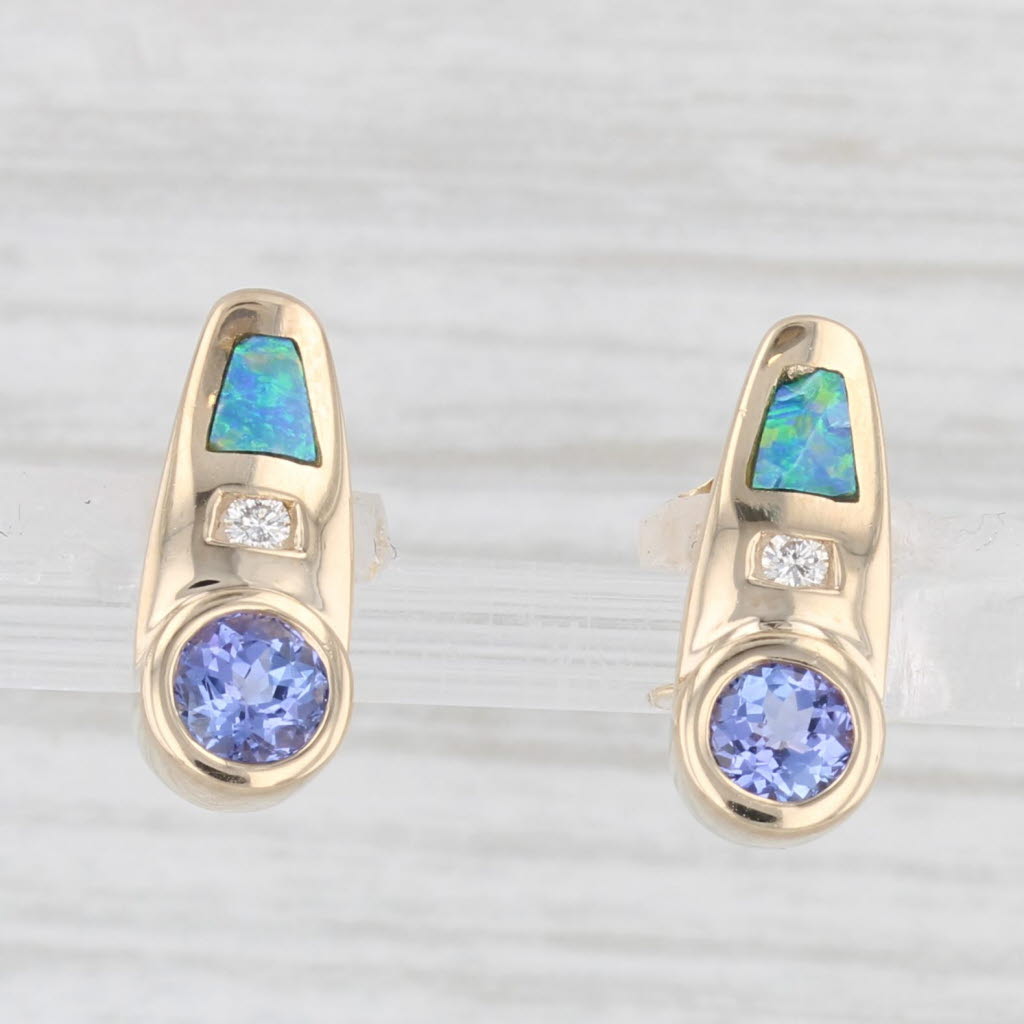 Light Gray 0.54ctw Tanzanite Diamond Blue Opal Earrings 14k Yellow Gold Stud Drops