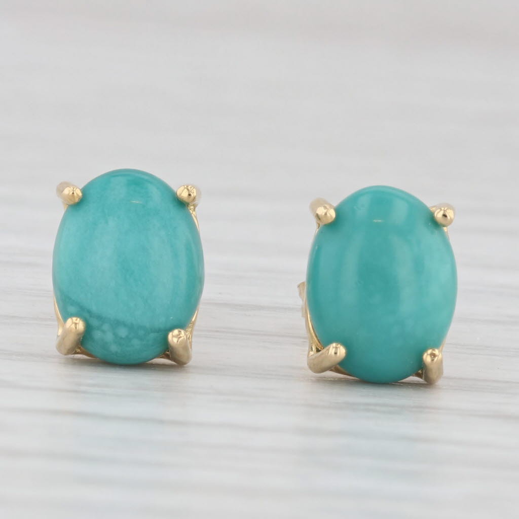 Light Gray Oval Cabochon Turquoise Solitaire Stud Earrings 14k Yellow Gold