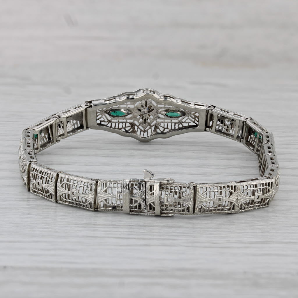 Gray Art Deco Diamond Imitation Emerald Filigree Bracelet 14k White Gold 7"