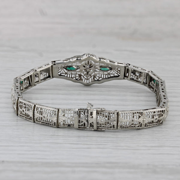 Art Deco Diamond Imitation Emerald Filigree Bracelet 14k White Gold 7"