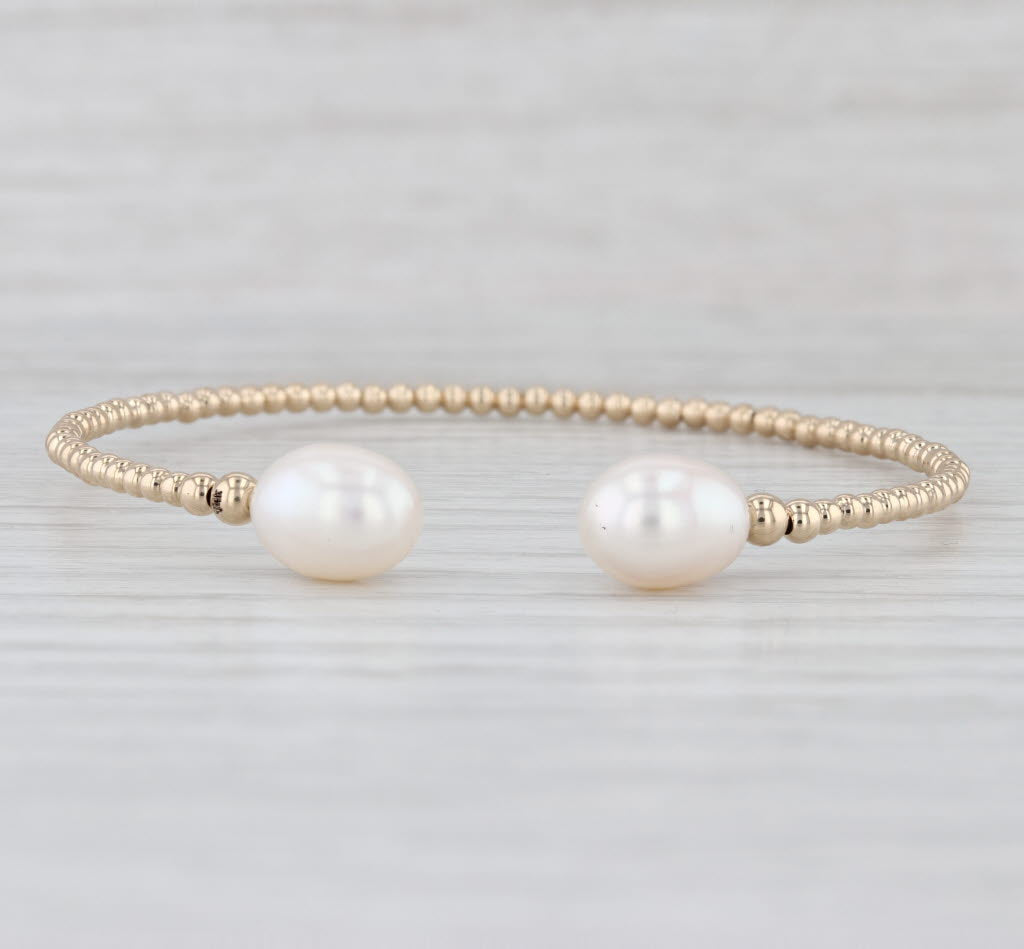 Cultured Pearl Bead Cuff Bracelet 14k Yellow Gold 7" Adjustable