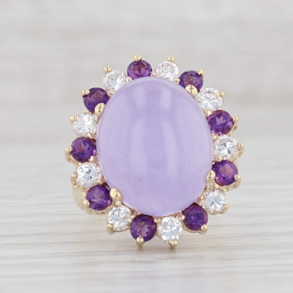 Light Gray Purple Jadeite Jade Amethyst Glass Ring 14k Gold Oval Cabochon Cocktail Sz 7.75