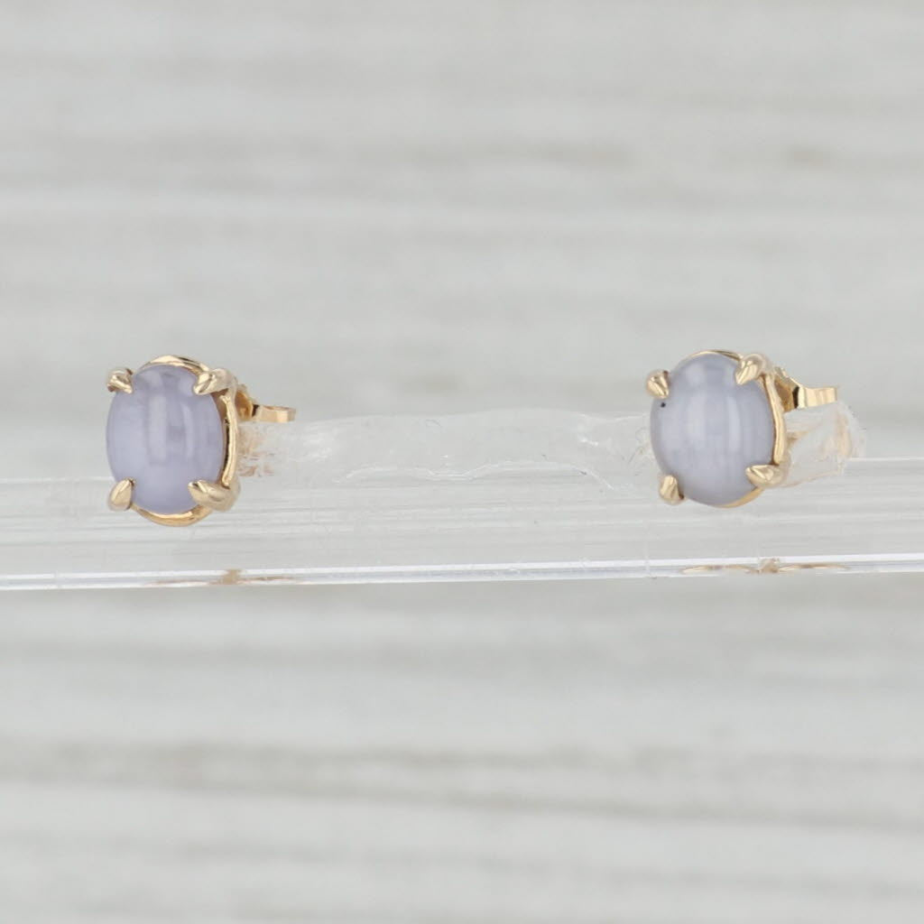 Light Gray Star Sapphire Stud Earrings 14k Yellow Gold Oval Cabochon Solitaire Studs