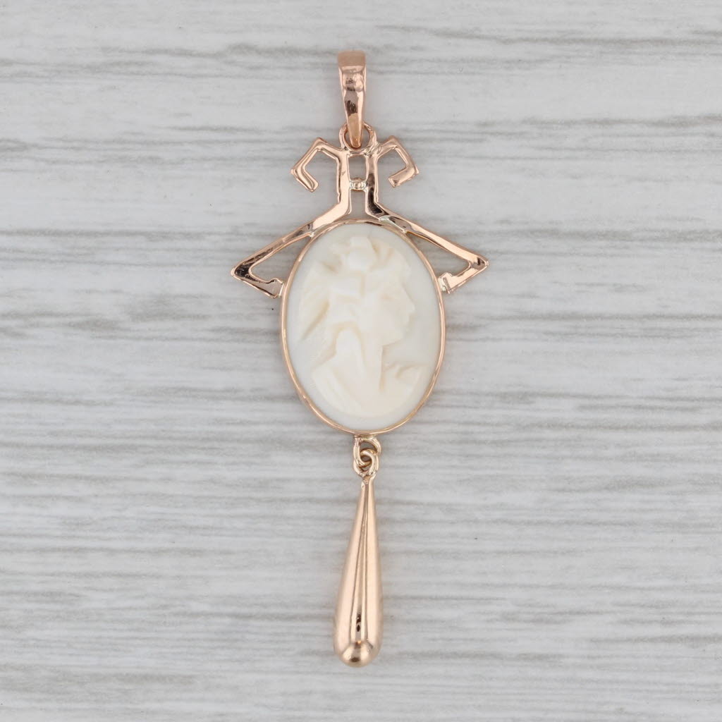 Gray Vintage Carved Shell Cameo Pendant 10k Rose Gold Lariat