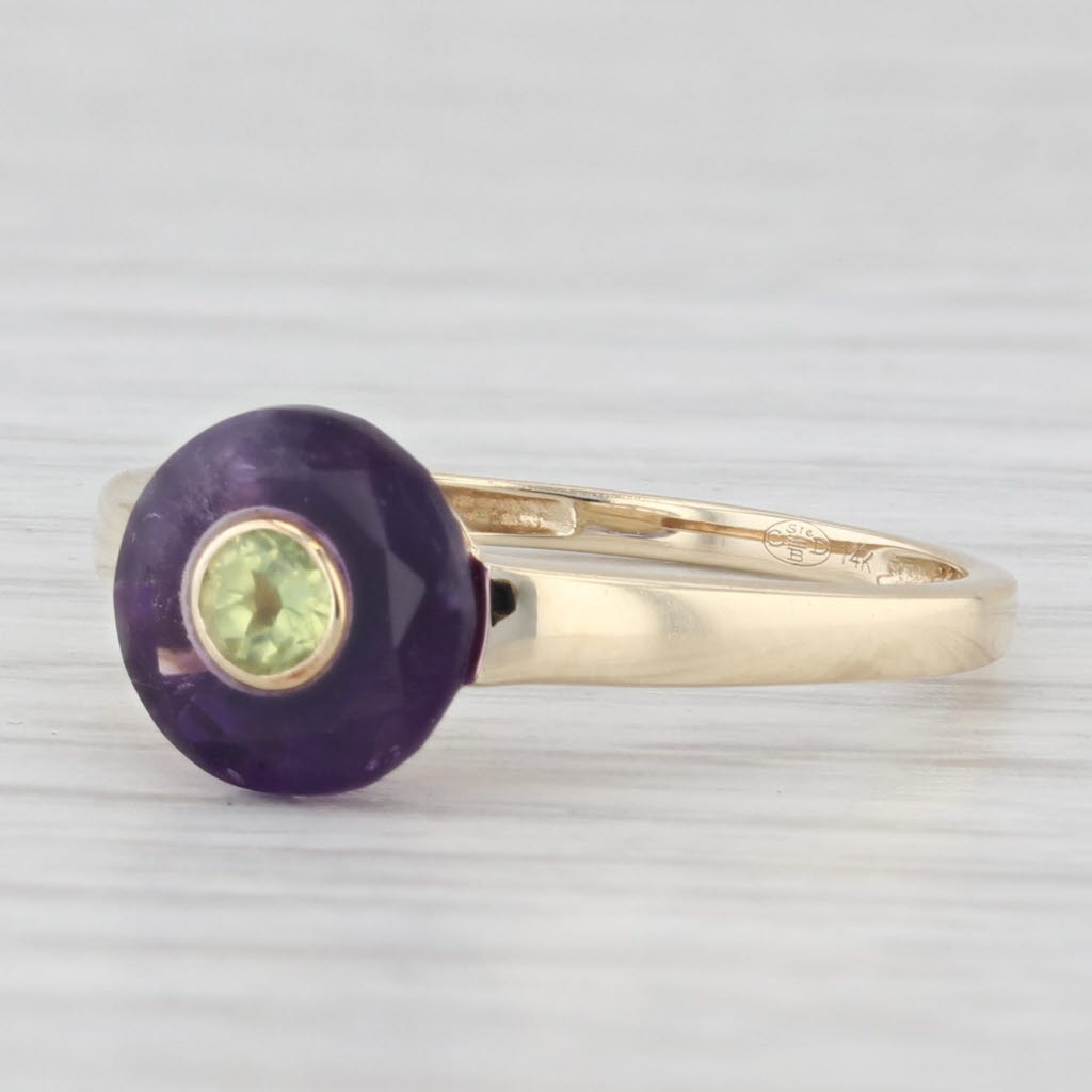 Light Gray Round Purple Amethyst Green Peridot Ring 14k Yellow Gold Size 6.25