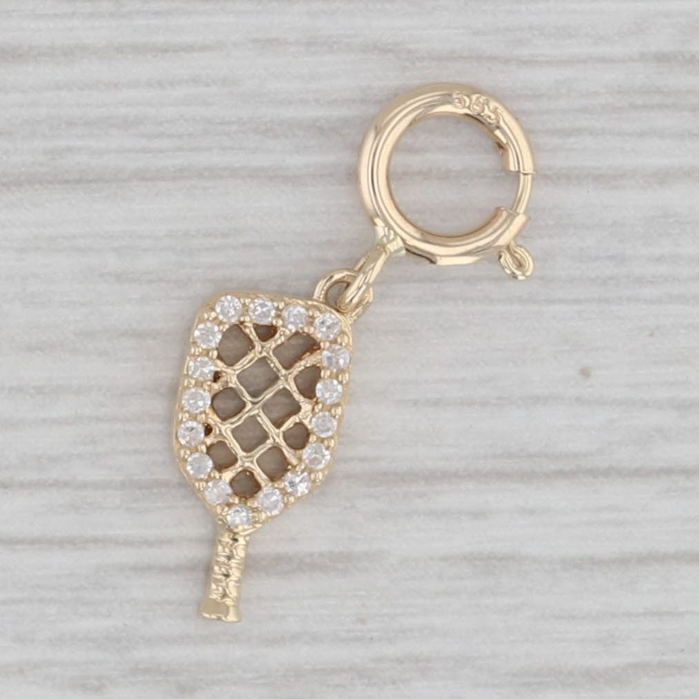 Gray New Small Diamond Pickleball Racket Charm 14k Yellow Gold Pendant