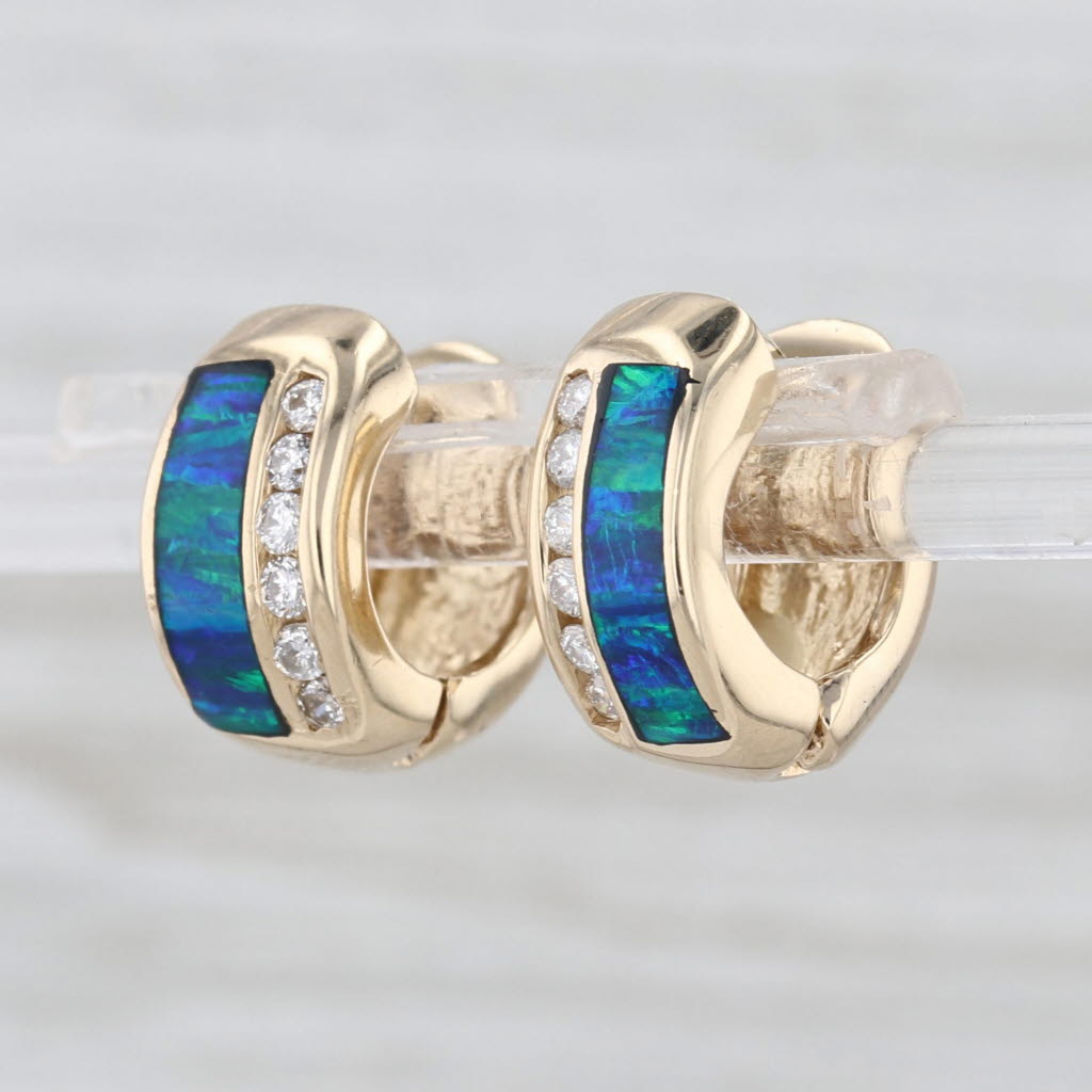 0.19ctw Diamond Blue Green Opal Mosaic Inlay Huggie Hoop Earrings 14k Gold