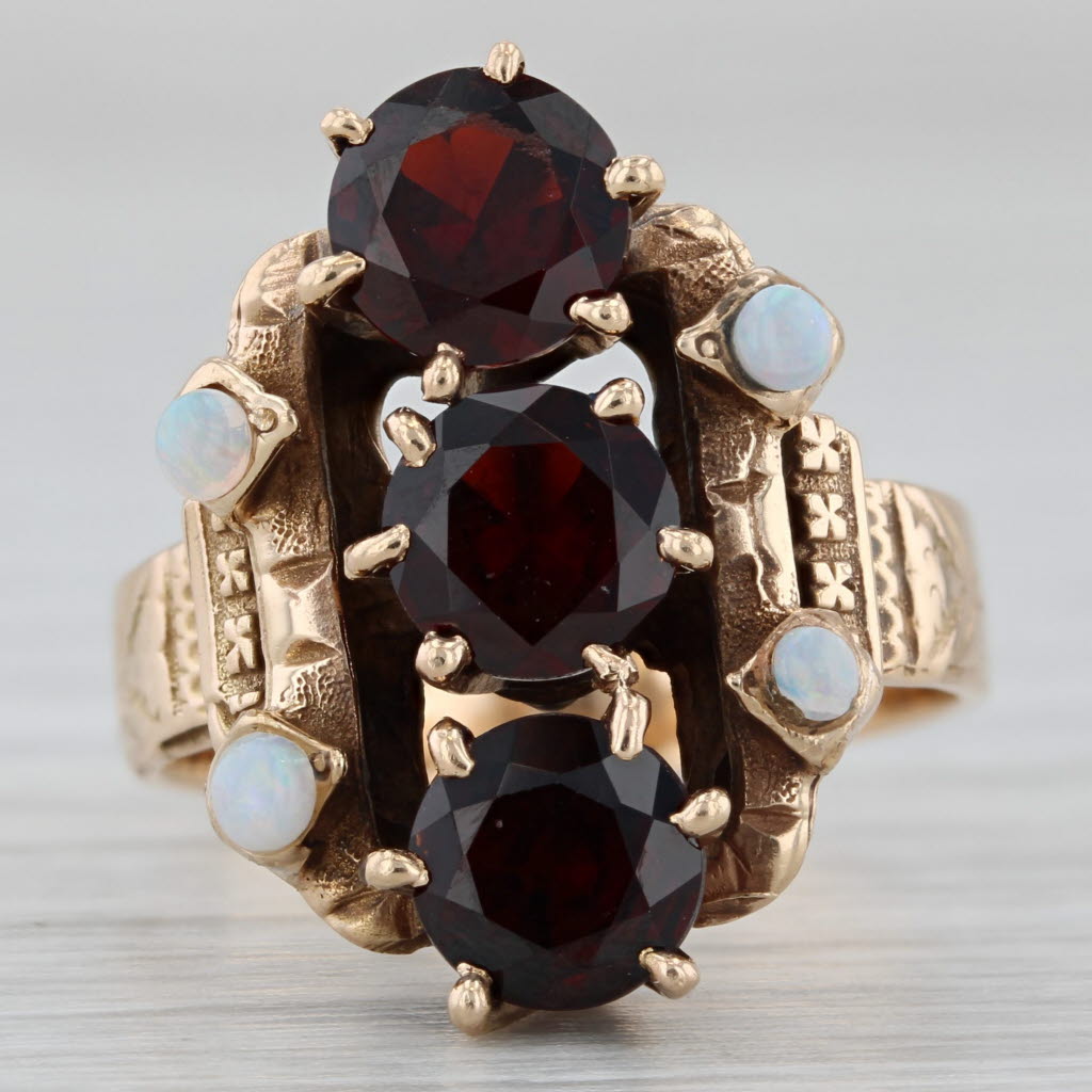 Gray Victorian 3-Stone Garnet Opal Antique Ring 14k Yellow Gold Size 6.5