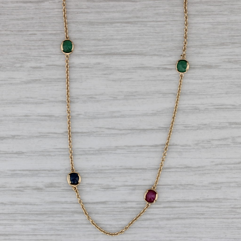 Gray 1.65ctw Gemstone Station Necklace 14k Gold Cable Chain Emerald Ruby Sapphire