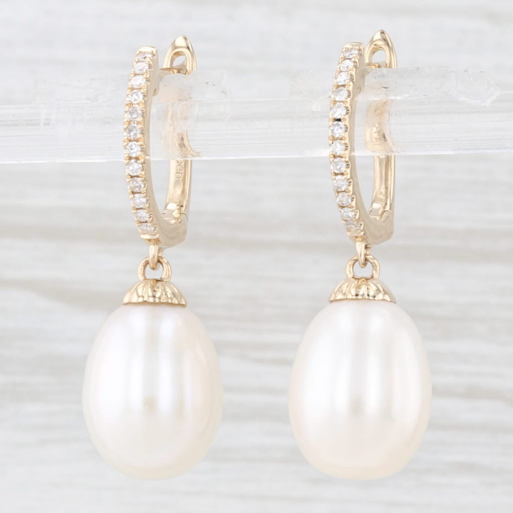 Antique White Cultured Pearl Diamond Drop Earrings 14k Yellow Gold Snap Top Dangles