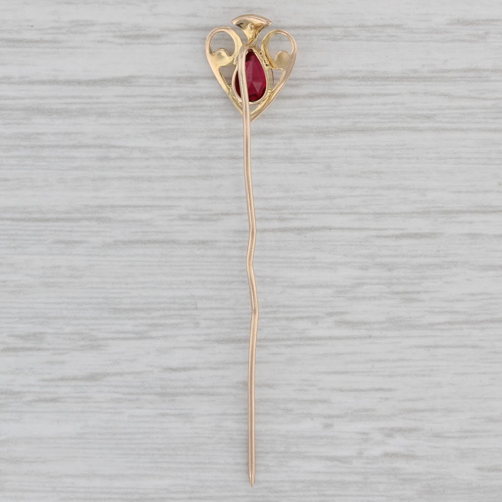 Gray Simulated Pearl Ruby Glass Stickpin 10k Yellow Gold Antique Pin