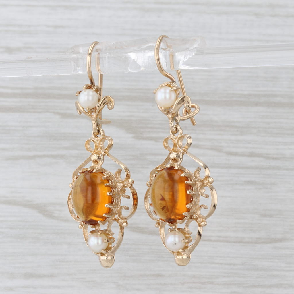 Vintage Citrine Cultured Pearl Dangle Earrings 14k Yellow Gold Hook Posts
