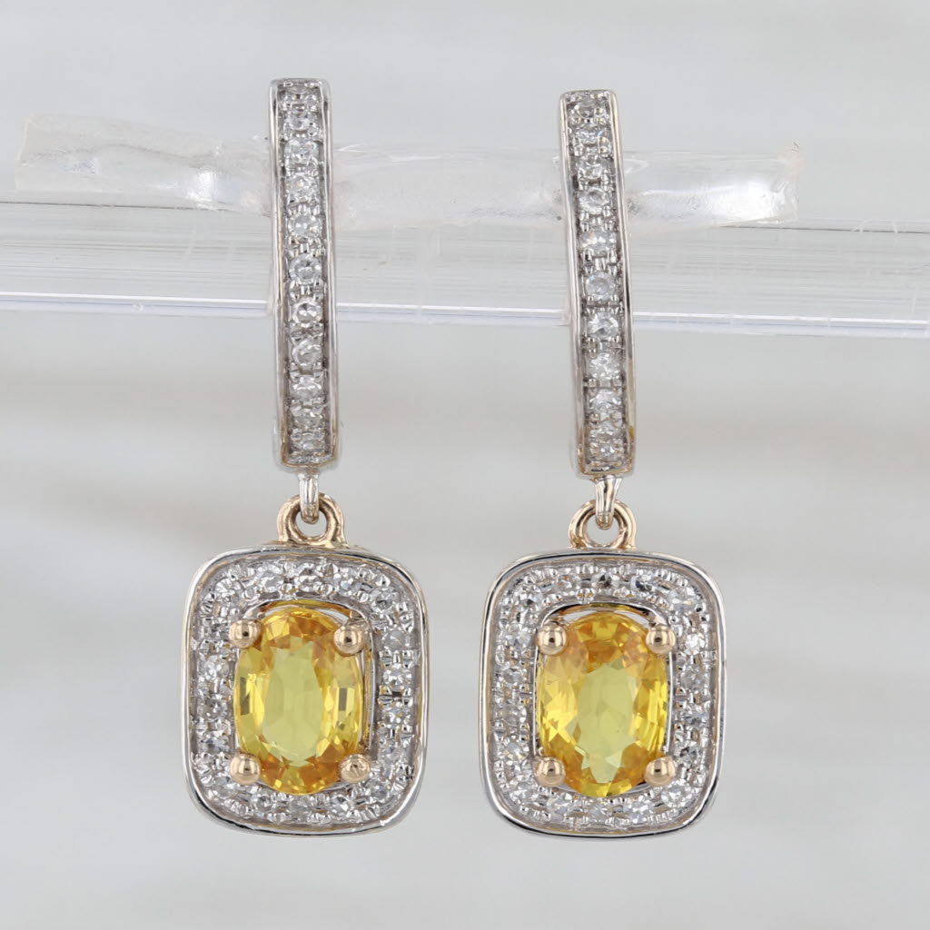 1.23cw Yellow Sapphire Diamond Halo Dangle Earrings 14k White Yellow Gold Hoops
