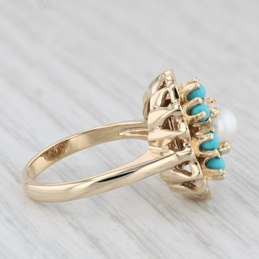 Light Gray Vintage Cultured Pearl Turquoise Cluster Flower Ring 14k Yellow Gold Size 6.75