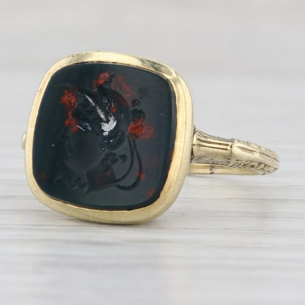 Light Gray Antique Carved Bloodstone Soldier Intaglio Ring 14k Yellow Gold Size 6.5