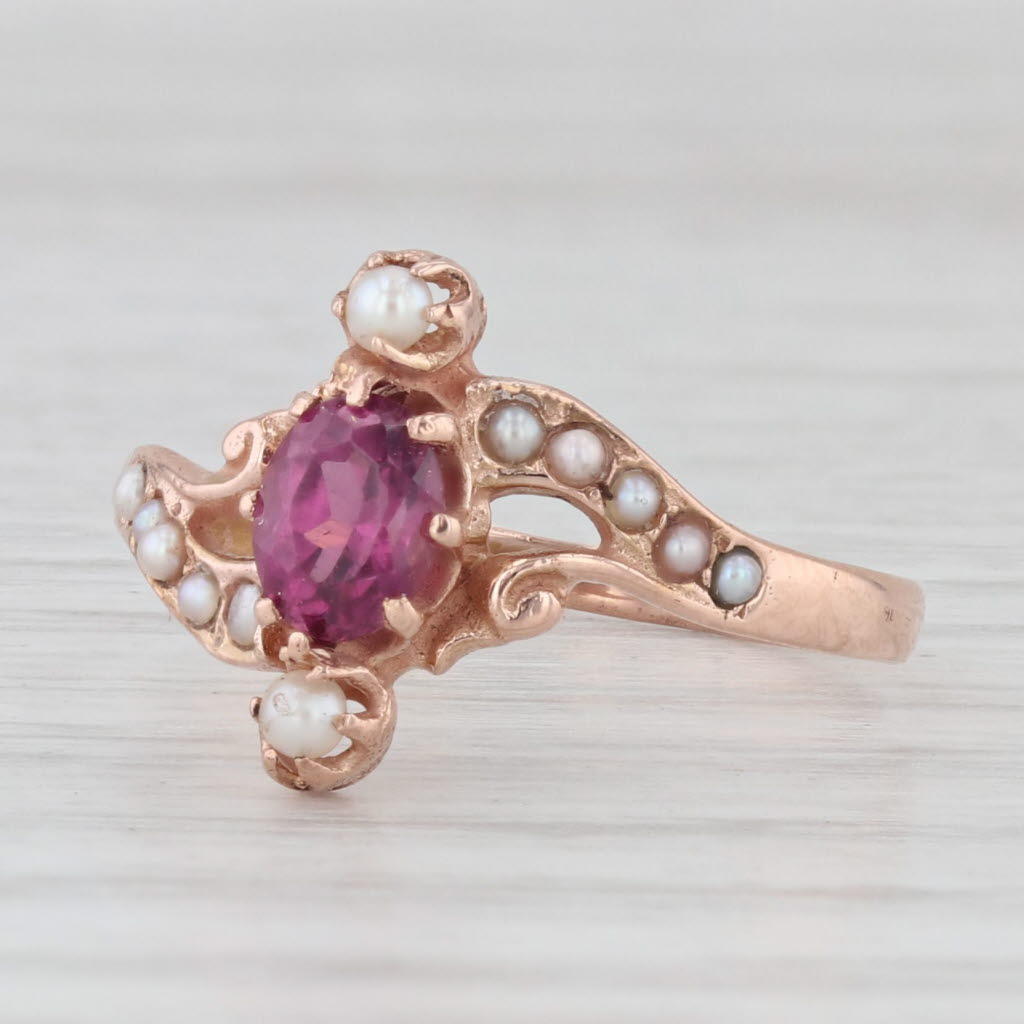 Light Gray Victorian 0.50ct Ruby Seed Pearl Bypass Ring 14k Rose Gold Size 6 Antique