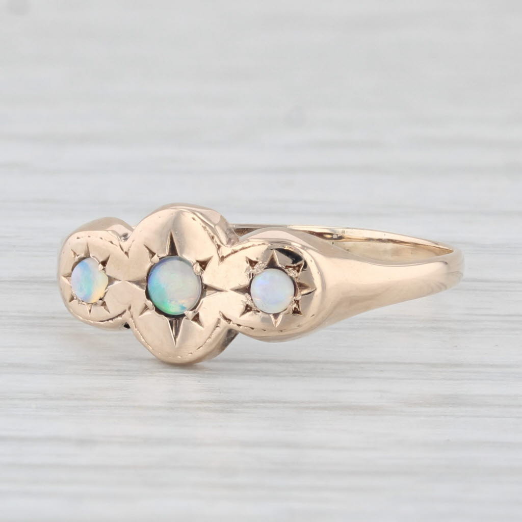 Light Gray Antique Opal Ring 10k Yellow Gold Size 6.5 3-Stone Cabochons