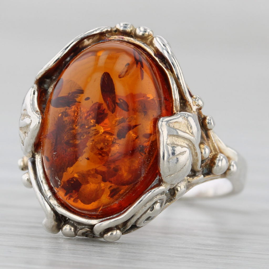 Gray Amber Oval Cabochon Ring Sterling Silver Floral Size 4.75