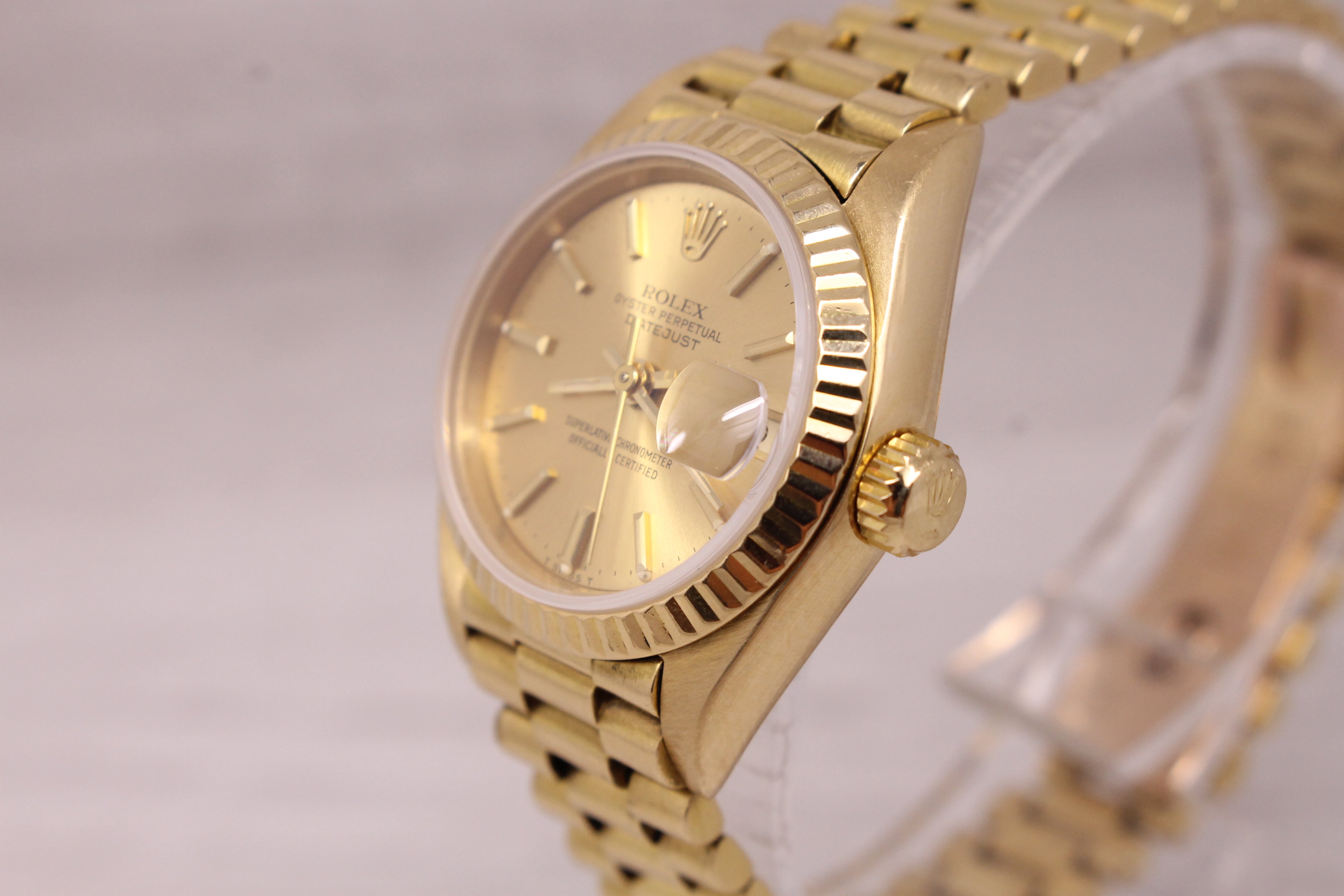 Vintage 1985 Rolex Datejust 69178 Ladies President 18k Gold Watch w Box Papers
