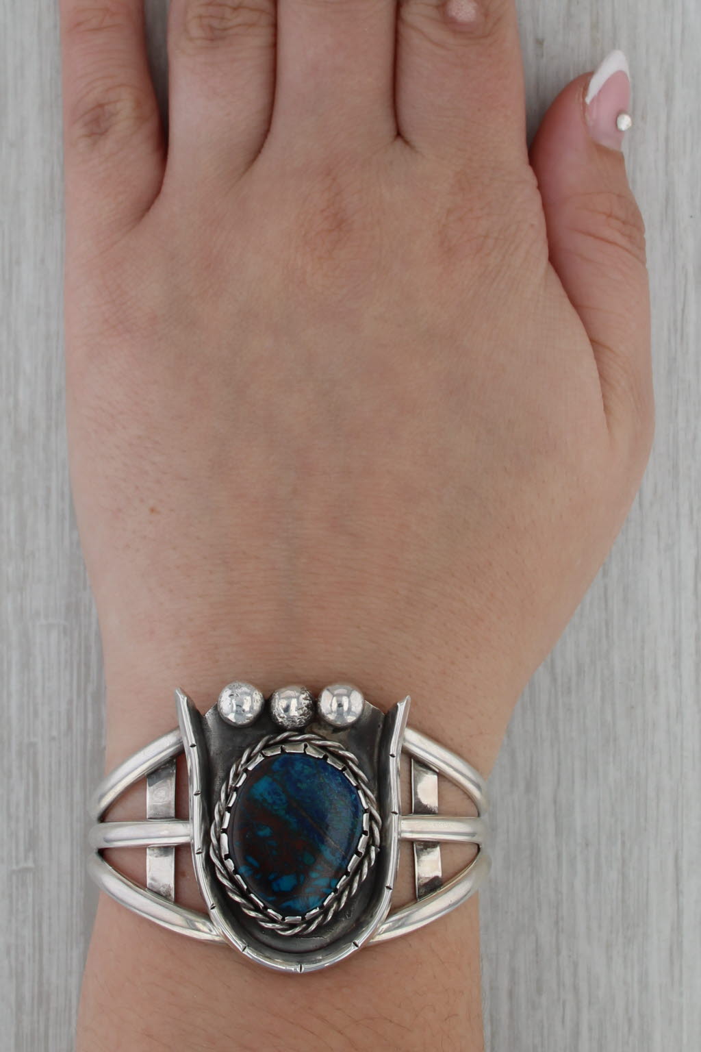 Turquoise Chrysocola Native American Cuff Bracelet Sterling Silver Mixed Mineral