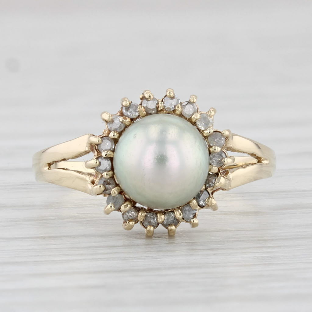 Light Gray Cultured Pearl Diamond Halo Ring 14k Yellow Gold Size 5.5