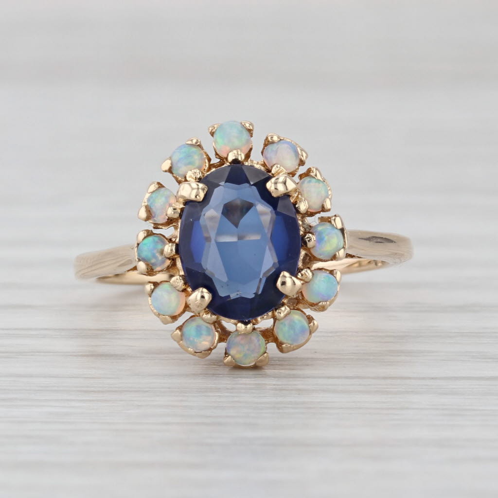1.40ct Lab Created Blue Oval Sapphire Opal Halo Ring 14k Yellow Gold Size 7