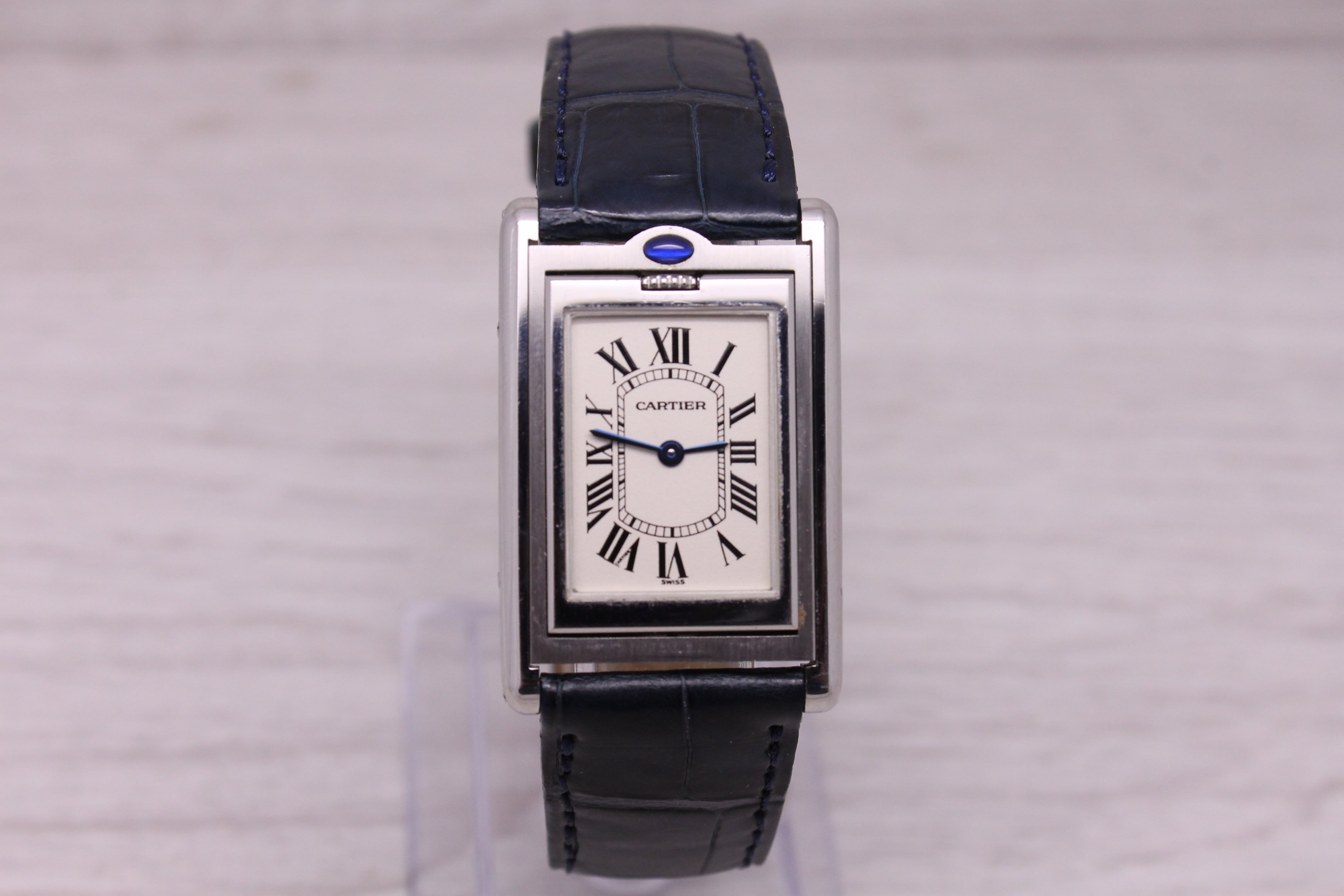 Gray Cartier Basculante ref.2405 Stainless Steel Quartz Watch Original Blue Strap Box