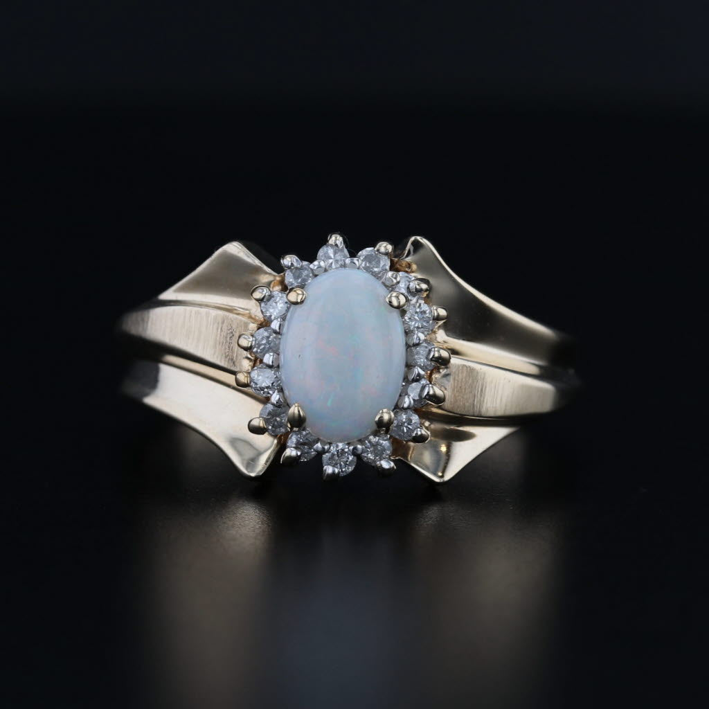Oval Opal Cabochon Diamond Halo Ring 10k Yellow Gold Size 7
