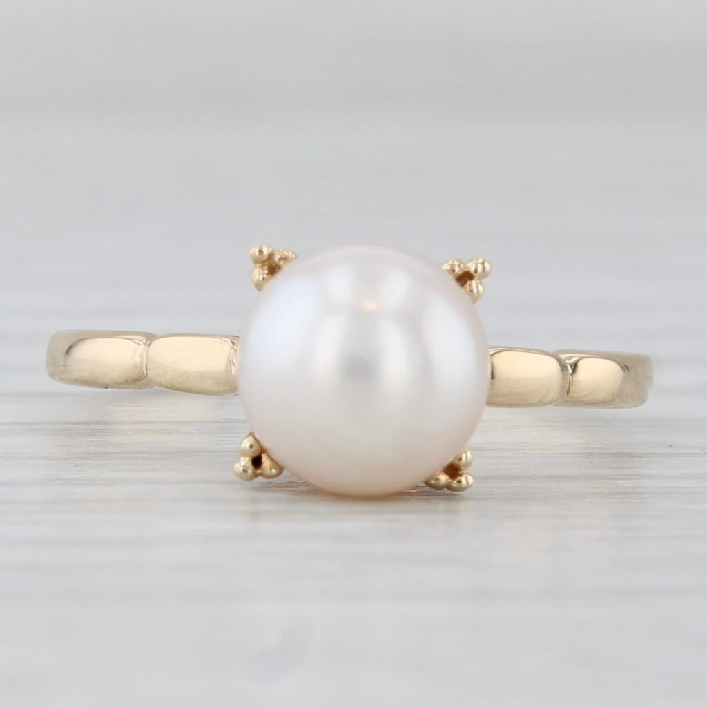 Light Gray Vintage 8mm Cultured Pearl Solitaire Ring 14k Yellow Gold Size 7