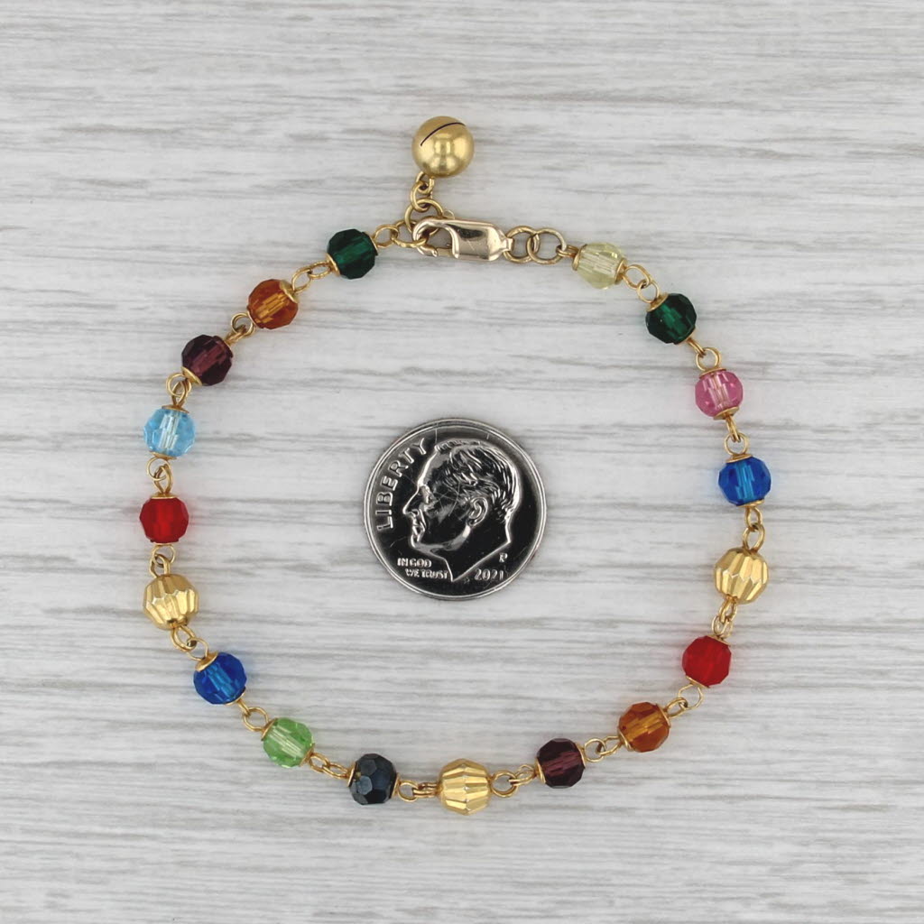 Multicolor Glass Bead Bracelet w/ Bell Charm 14k Yellow Gold 7"