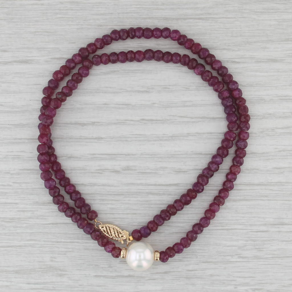Cultured Pearl Ruby Bead Strand Necklace 14k Yellow Gold 18"