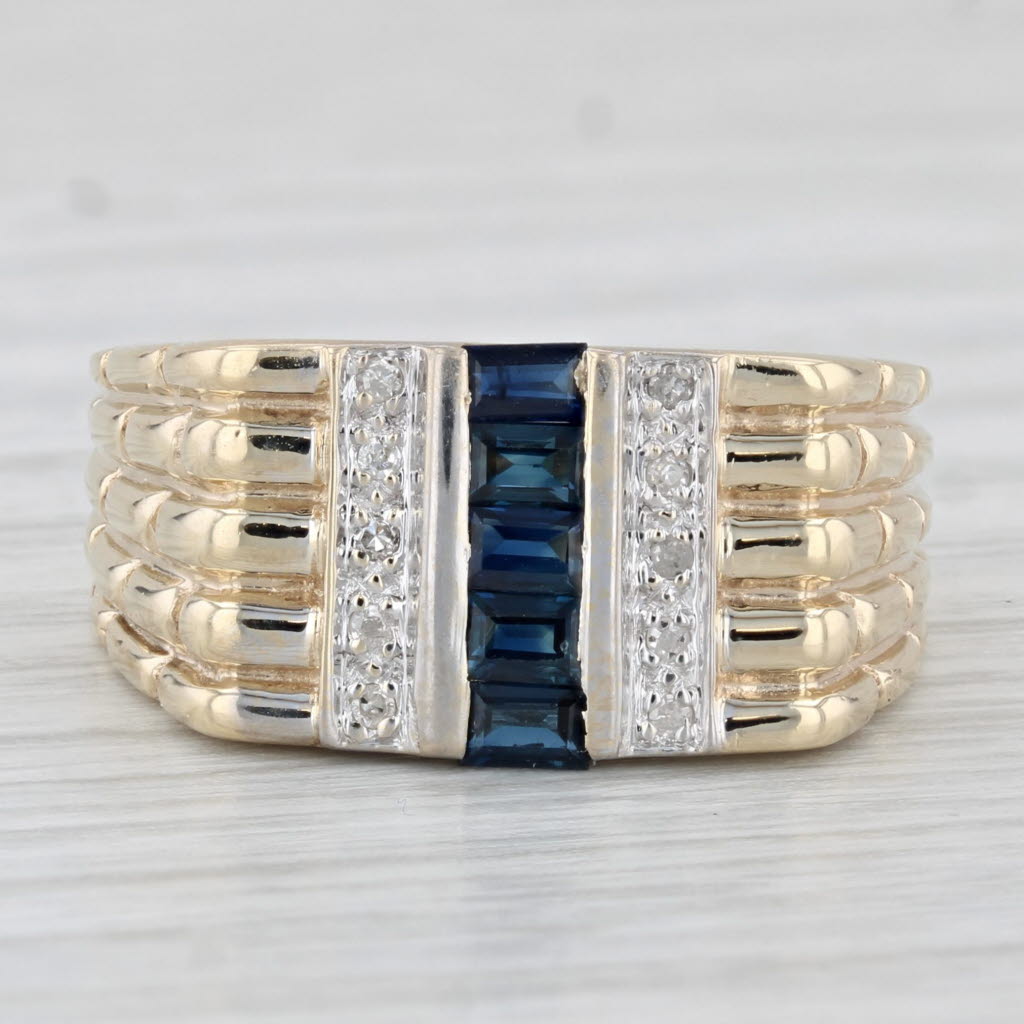 Light Gray 0.53ctw Blue Sapphire Diamond Ring 10k Yellow Gold Bamboo Pattern Band Size 6.75