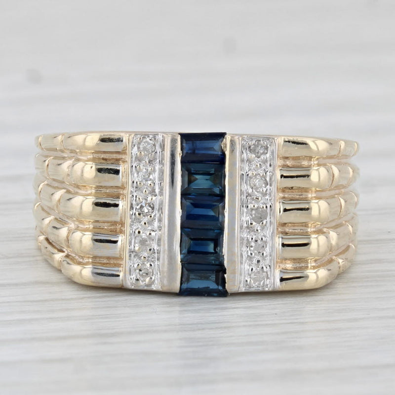 0.53ctw Blue Sapphire Diamond Ring 10k Yellow Gold Bamboo Pattern Band Size 6.75