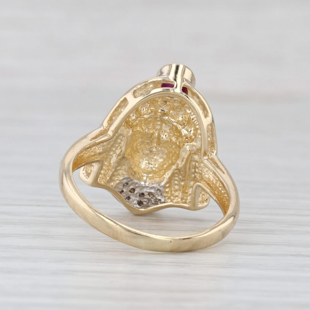 Ruby Diamond Egyptian Pharaoh Bust Ring 14k Yellow Gold Size 8.5