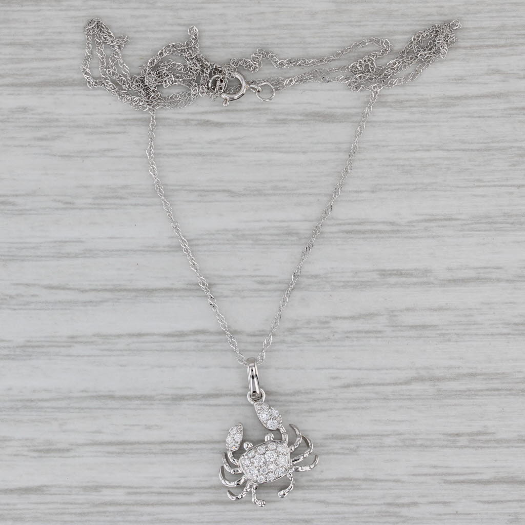 Gray New Diamond Crab Pedant Necklace 14k White Gold 18" Singapore Chain