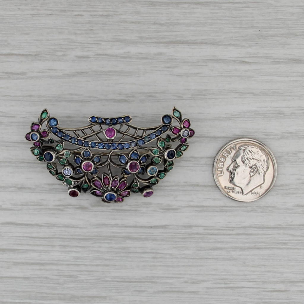 Antique 2.50ctw Gemstone Floral Brooch Silver Emerald Ruby Sapphire Pin