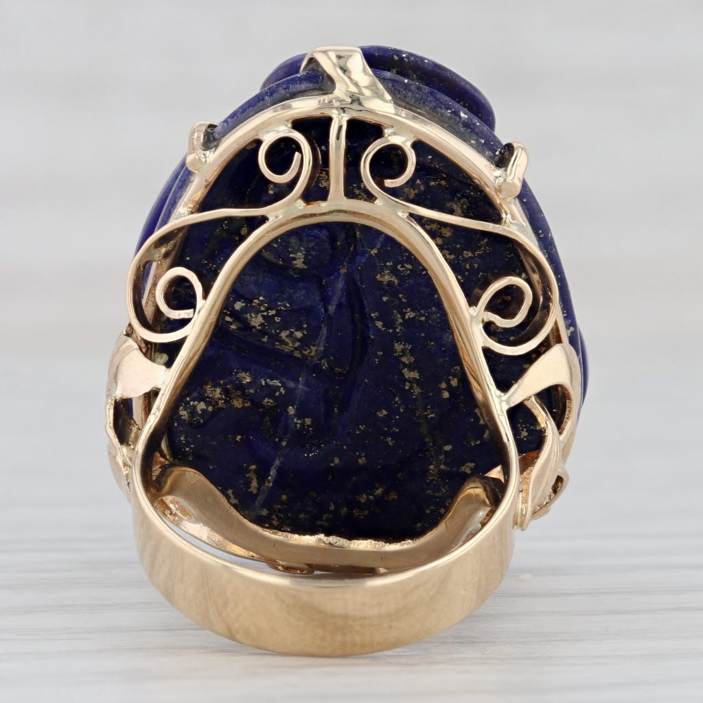 Light Gray Figural Carved Lapis Lazuli Ring 14k Gold Thai Fire god Asian deity Size 7.5