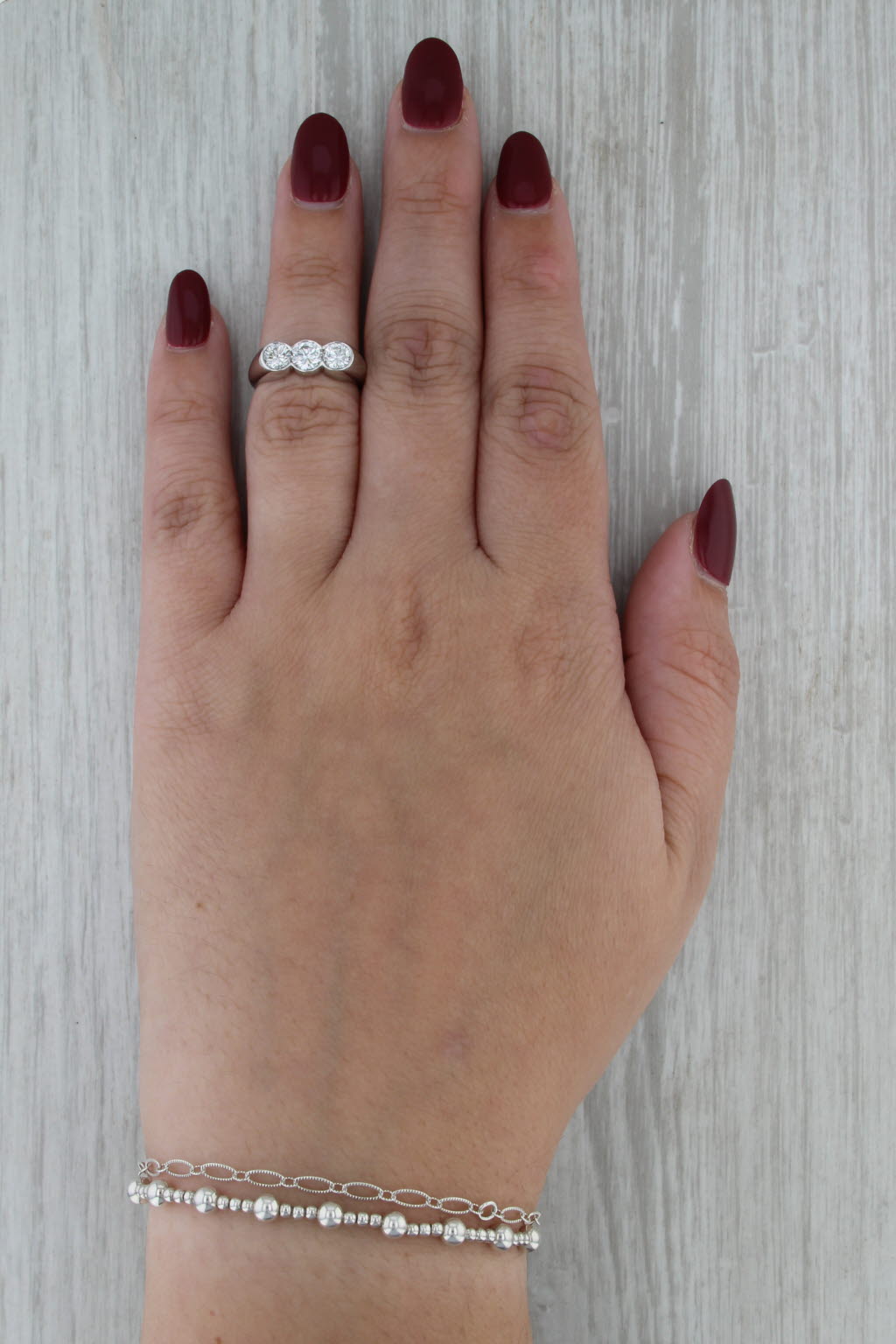 0.91ctw Round Diamond 3-Stone Ring 14k White Gold Size 4.75 Stackable