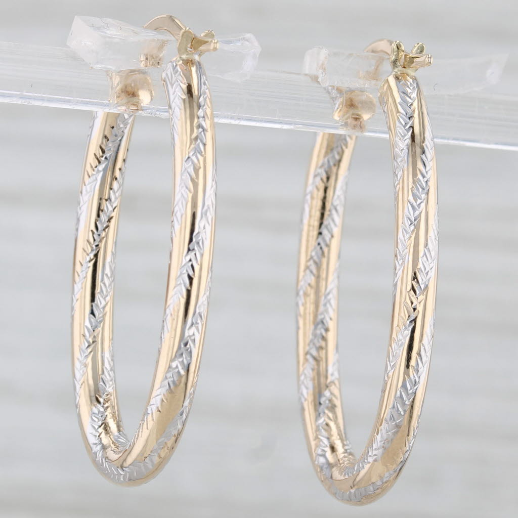 Light Gray New Two Toned Etched Oval 10k Yellow and White Gold Hoop Earrings