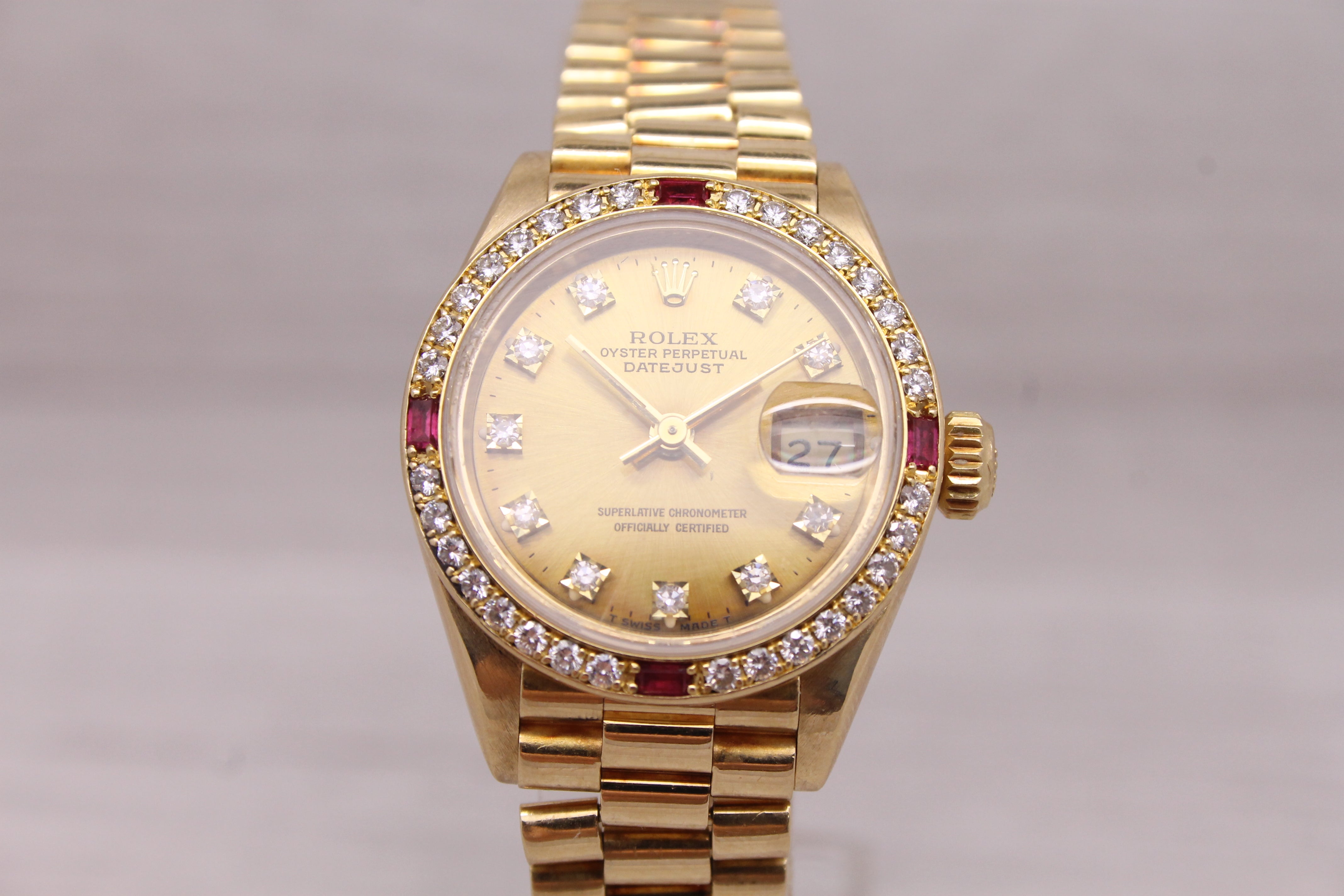 Dark Gray 1990 Rolex Ladies President 69068 18k Yellow Gold Diamond & Ruby Watch Serviced