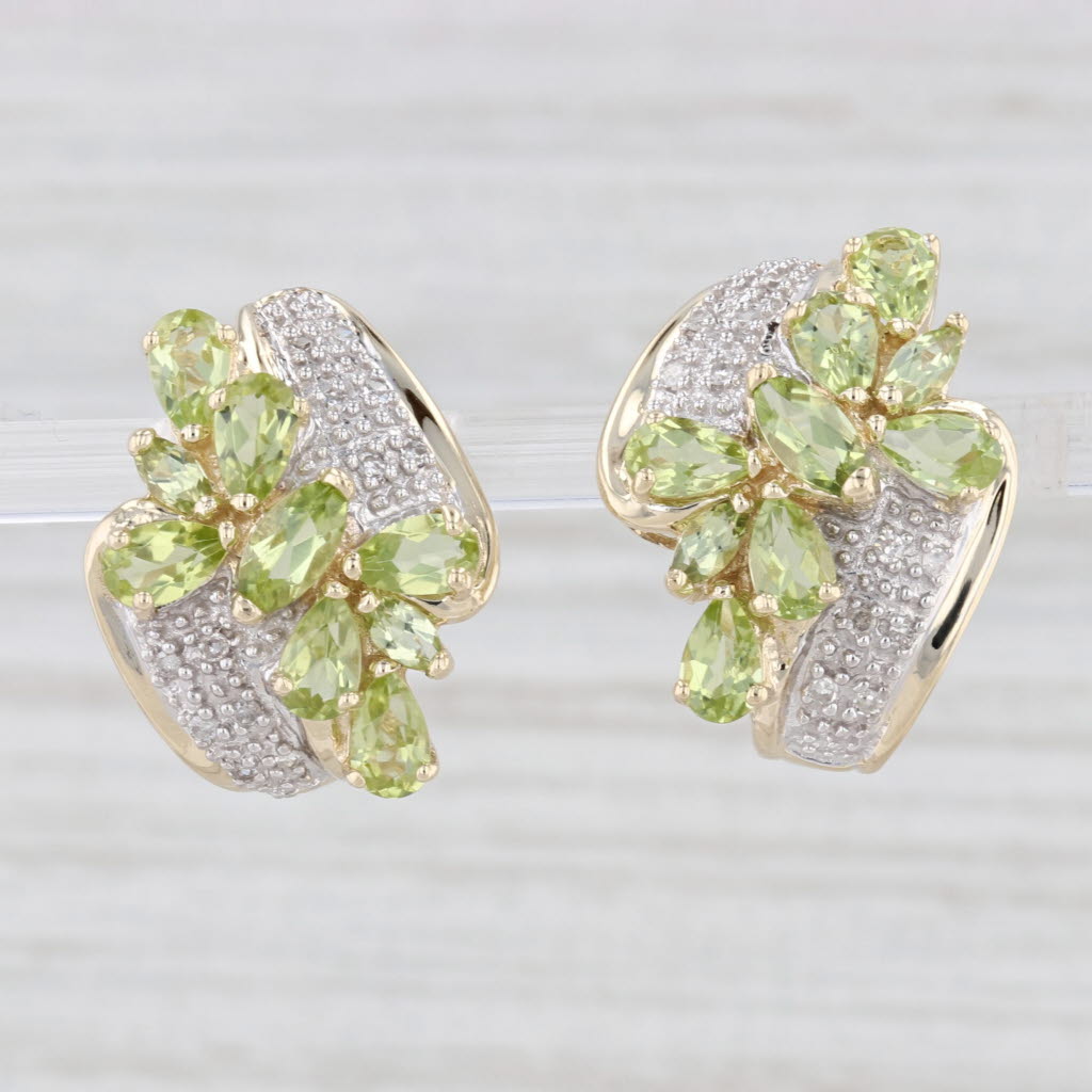 Light Gray 3.89ctw Green Peridot Diamond Drop Earrings 10k Yellow Gold