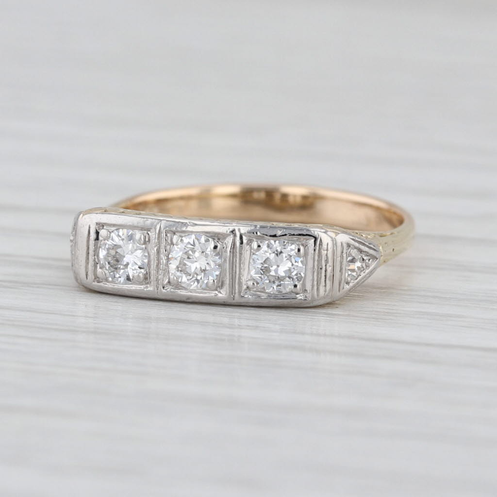 Vintage 0.30ctw Diamond 3-Stone Ring 14k Gold Platinum Size 5 Ornate Openwork