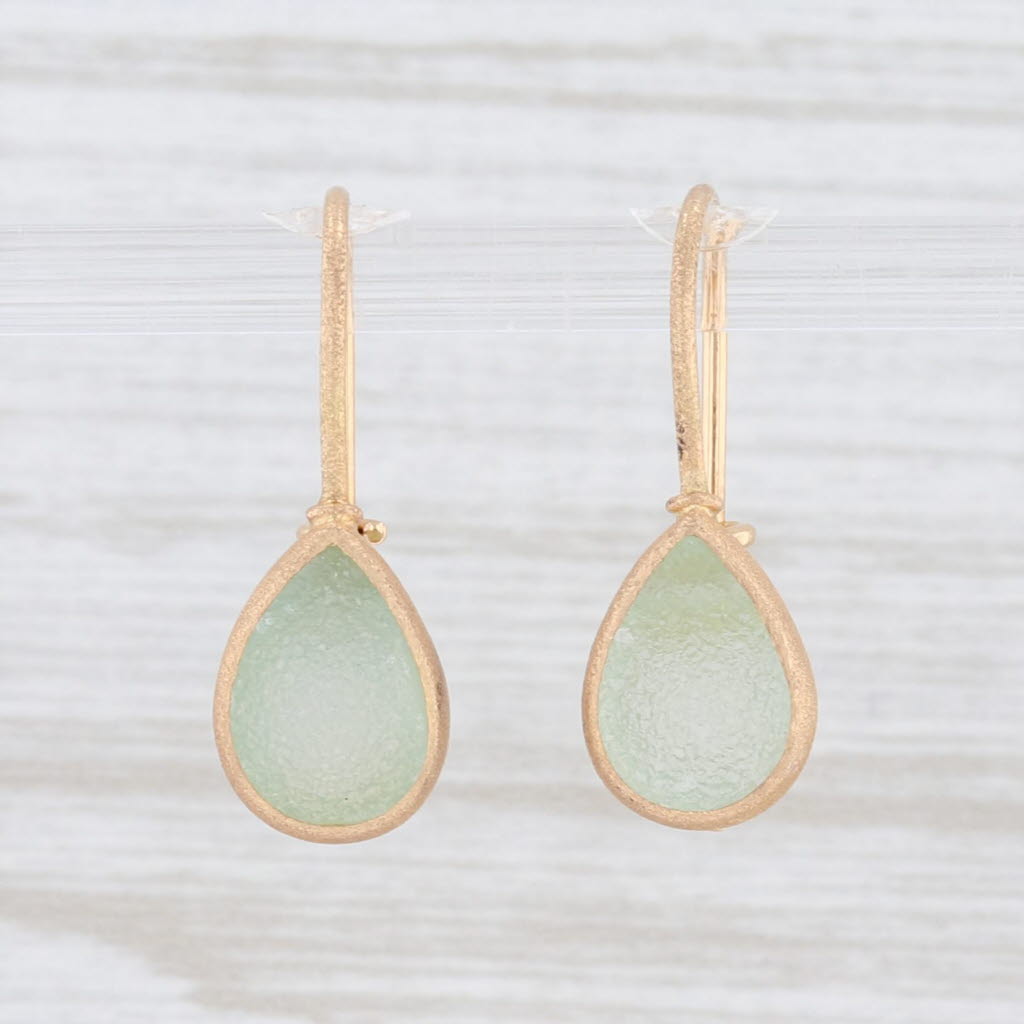 New Nina Wynn Aquamarine Druzy Drop Earrings 18k Yellow Gold Hook Posts