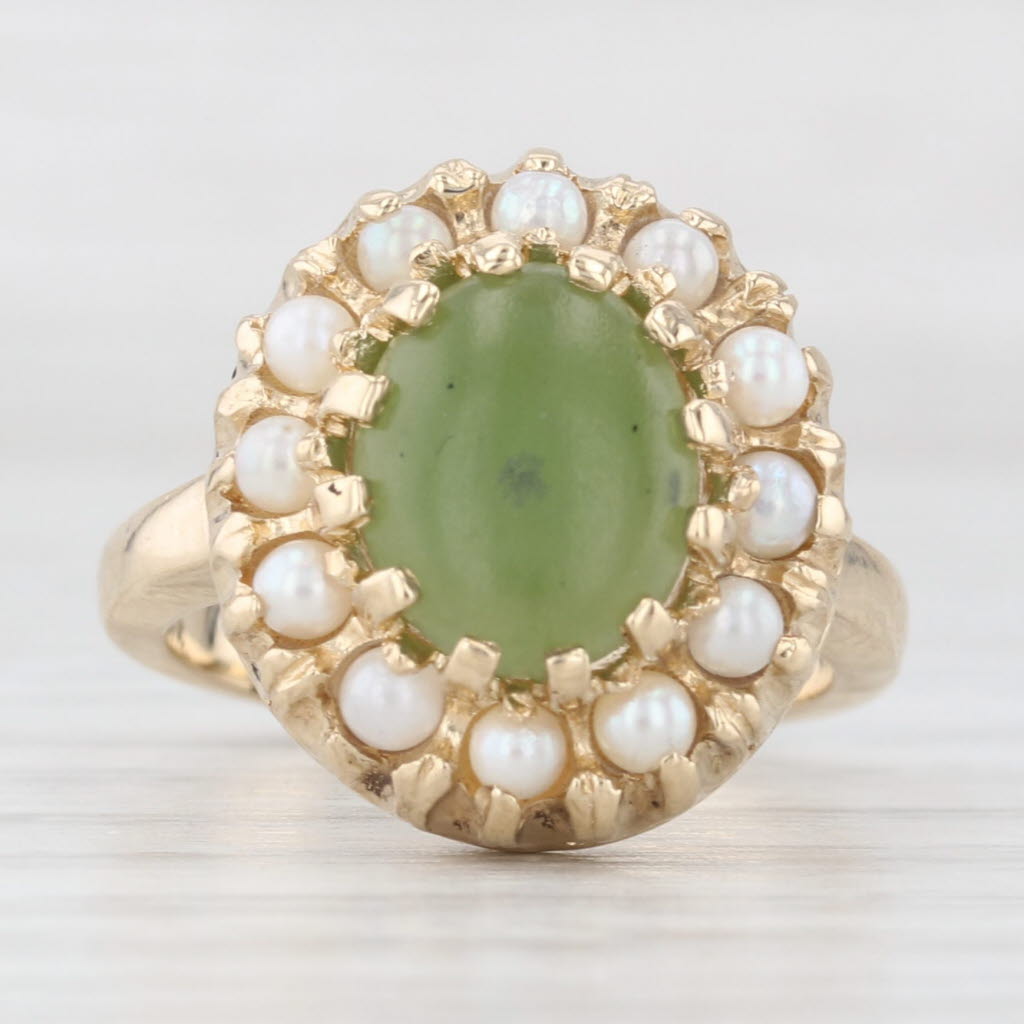 Light Gray Green Nephrite Jade Cultured Pearl Halo Ring 14k Yellow Gold Size 4.75
