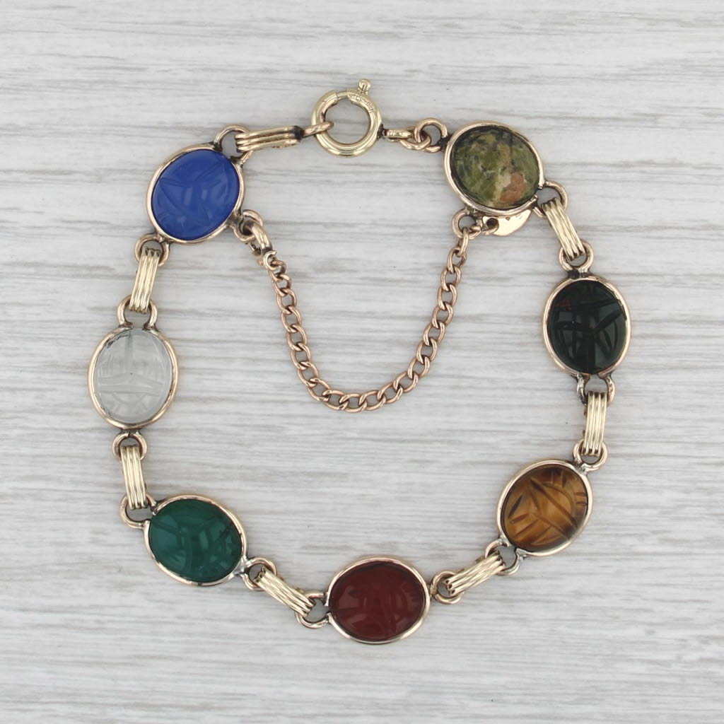 Vintage Carved Scarab Link Bracelet /1/12 12k Gold Filled 7.5" Chalcedony Quartz