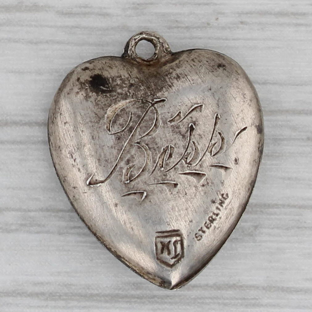 Gray Vintage Ornate Floral Puffy Heart Charm Sterling Silver Enamel Pendant Engraved